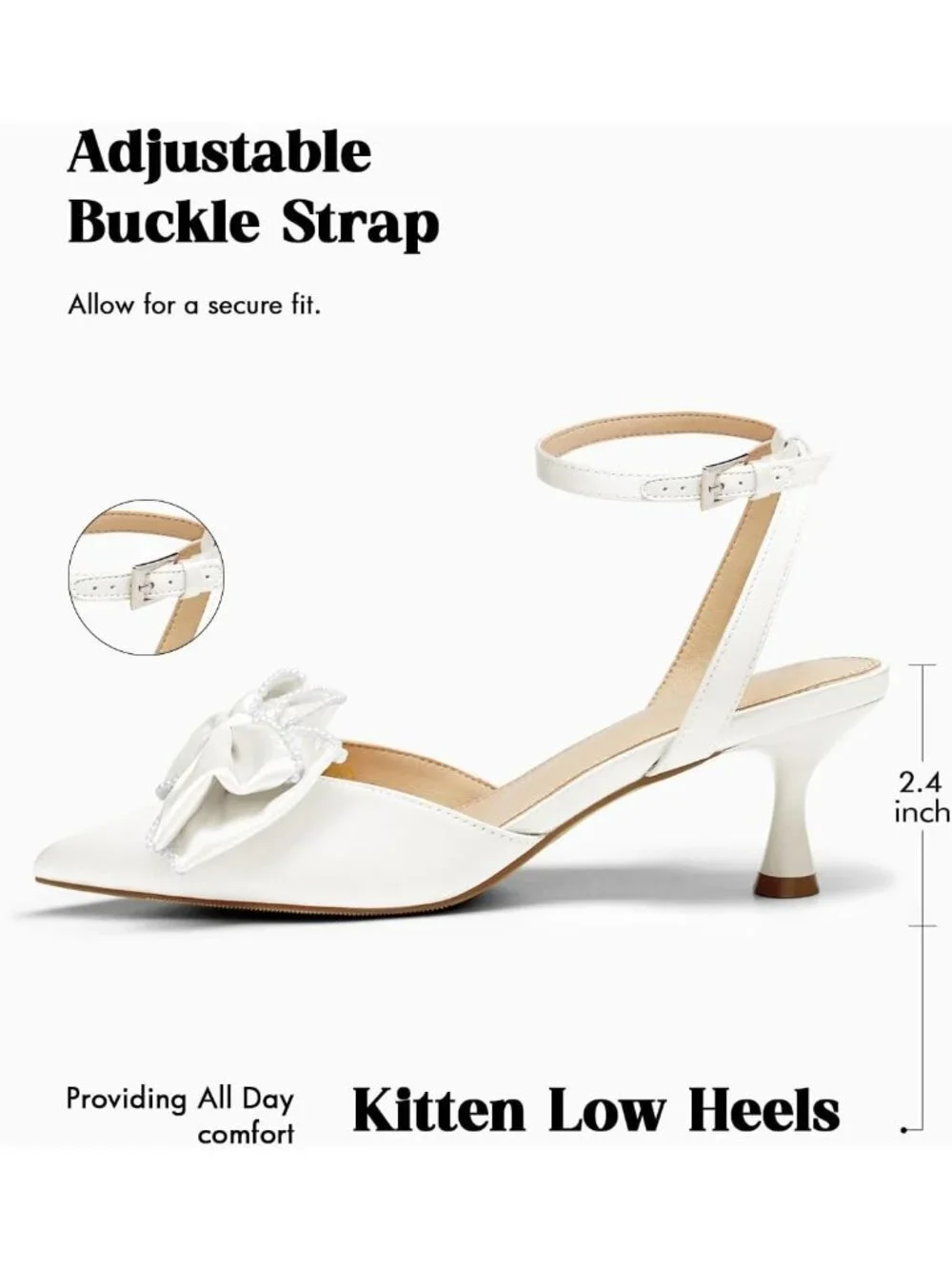 Women's White Satin Kitten Low Heels Bow Pearl Closed Pointed Toe Ankle Strap